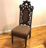 Antique Ornately Carved Tall Back Mahogany Chair with Barley Twisted Sides on 4 Casters