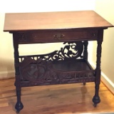 Vintage Wooden Single Drawer Table on Casters with Ornately Carved Front & Back
