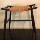 Vintage Wooden Curved Stool with Woven Seat