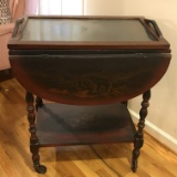 Antique Rolling Drop-Leaf Oriental Tea Cart w/Ornate Hand Painted Scene & Removable Tray Top