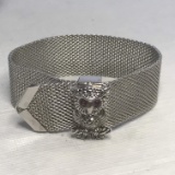 Silver Tone Mesh Owl Bracelet with Pink Stone Eyes by Sarah Coventry