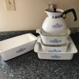 Corning Ware Cornflower Blue Lot of Casserole Dishes, Bread Pan & Tea Kettle