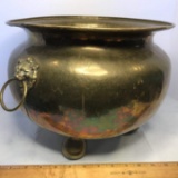 Large Vintage Hammered Brass & Copper Planter with Lion Heads & Rings