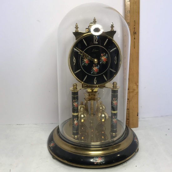 Vintage Brass Finish Anniversary Clock with Key by Kern with Glass Dome- Works