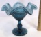 Vintage Blue Glass Diamond Pattern Hobnail Compote with Ruffled Edge