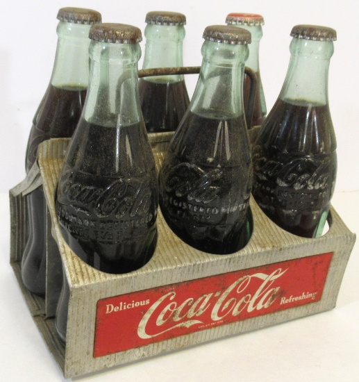 Vintage Metal Coca Cola Handled Carrier with Vintage Unopened Bottles
