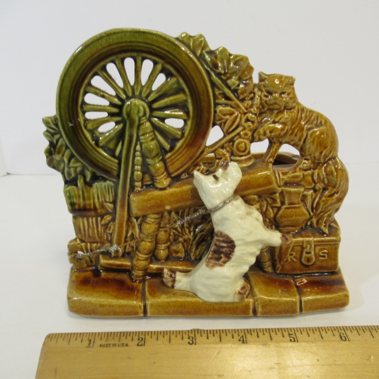 McCoy Cream/Brown/Green Scotty Dog with Cat & Spinning Wheel Planter