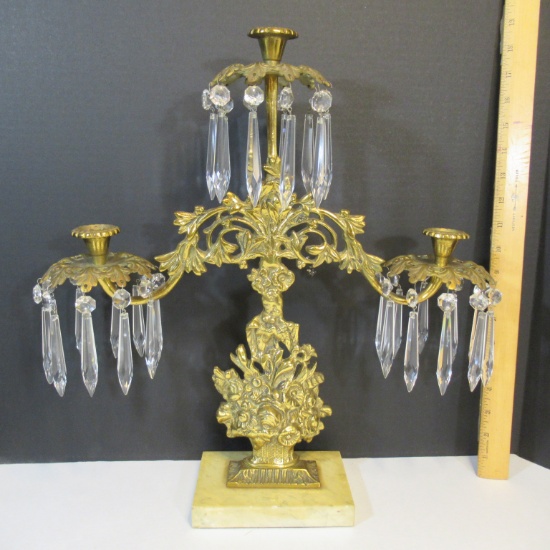 Brass Candelabra with Suspended Crystals on Stone Base - 3 Holders