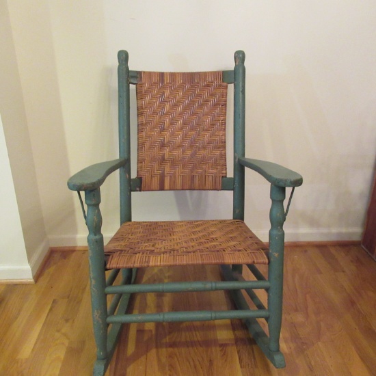 Porch Rocker - Green With Woven Cane Seat & Back