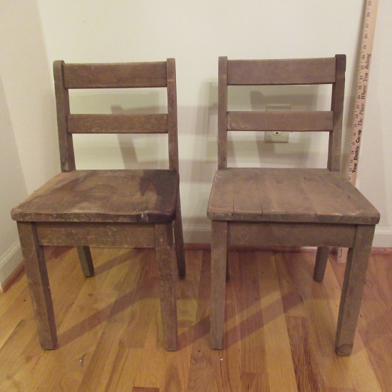Pair of Old Children's Wooden School Chairs