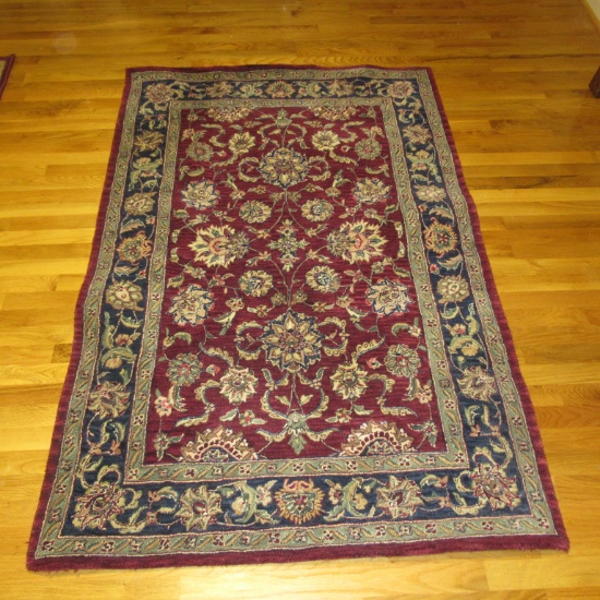 Oriental Style Area Rug with Wine Background with Blue/Cream/Gold Patterns