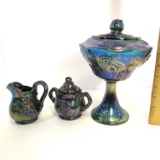Vintage Carnival Glass Pedestal Candy Dish, Creamer & Sugar