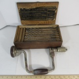 Brace Drill & 14 Irwin Auger Bits in Wood Box