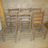 Set of 6 Early Oak Cane Bottom Ladder Back Chairs