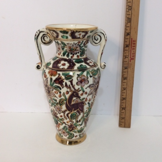 Grecian Double Handled Vase with Deer & Floral Design Made in Karos Rhode Greece
