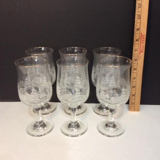 6 Glasses w/Gold Rim - Snow Scene