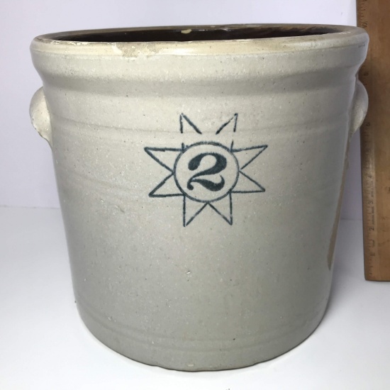 Awesome Early 9” Tall 2 Quart Double Handled Pottery Vessel with Star Front