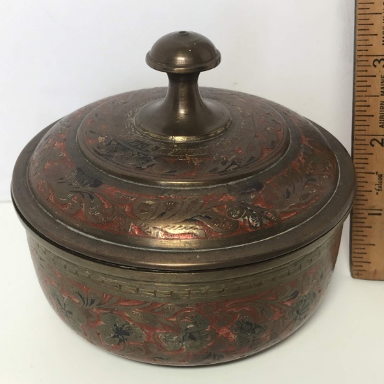 Vintage Brass & Enamel Lidded Powder Dish