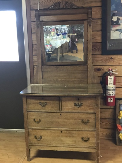 4 Drawer Vintage Oak Dresser with Swivel Mirror & Glass Top