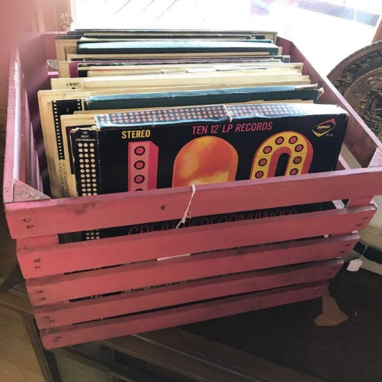 Vintage Wooden Painted Crate Full of Vinyl Record Albums