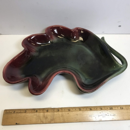 Burgundy & Green Signed HULL Pottery Leaf Shaped Dish
