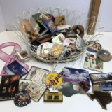 Awesome Lot of Misc Magnets & Pins in Metal Basket