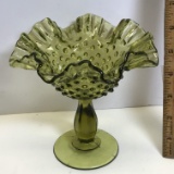 Pretty Vintage Hobnail Green Glass Pedestal Dish with Ruffled Edge