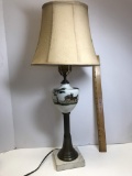 Vintage Hand Painted Milk Glass & Brass Finish Lamp with Marble Base