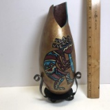 Hand Painted Native American Gourd Signed White Feather on Metal Base
