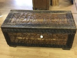Impressive Ornately Carved Wooden Chest with Tribal Scene on Top & Sides