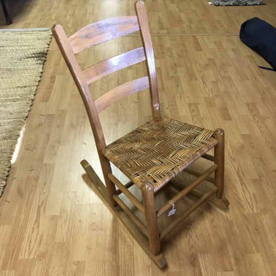 Vintage Wooden Children’s Rocking Chair with Woven Seat