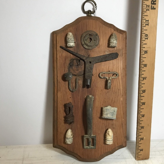 Antique Dug Civil War Artifacts Displayed on Wooden Wall Hanging