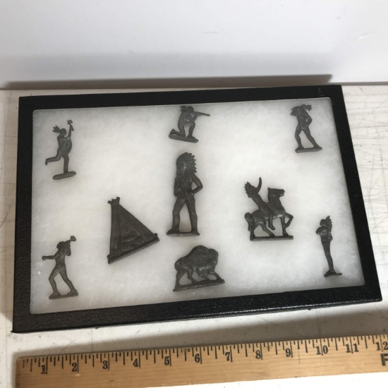 Lot of 9 Lead Indian Figurines in Case with Glass Window