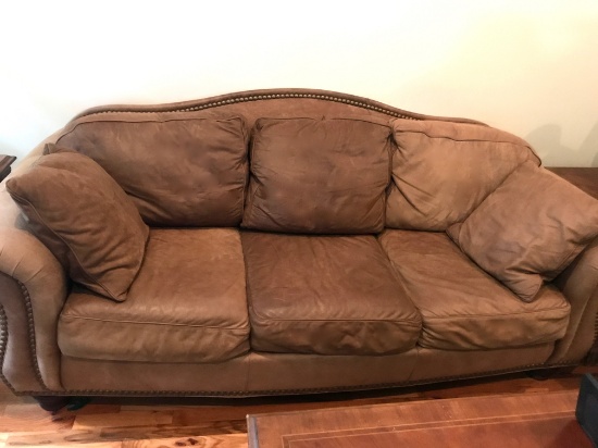 Thomasville Brown Leather Sofa with Decorative Brass Brads & 2 Matching Throw Pillows