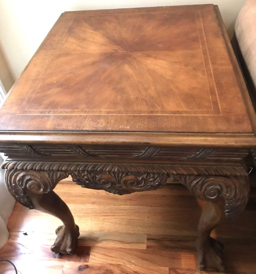 Beautiful Thomasville End Table with Inlay Surface, Ornately Carved Wood Sides and Ball & Claw Feet