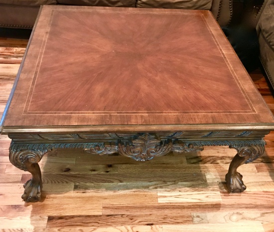 Square Thomasville Coffee Table with Inlay Surface, Ornately Carved Wood Sides and Ball & Claw Feet