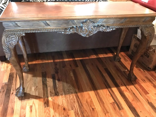 Tall Thomasville Sofa Table with Inlay Surface, Ornately Carved Wood Sides and Ball & Claw Feet