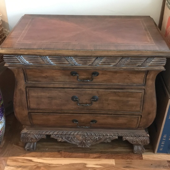 3 Drawer Bombay Chest by Thomasville w/ Inlay Surface, Ornately Carved Wood Sides & Ball & Claw Feet