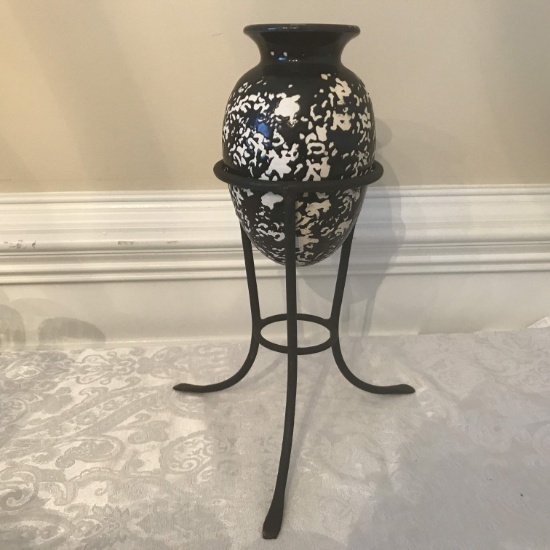Decorative Pottery Vase with Egg Shaped Bottom on Black Metal Base
