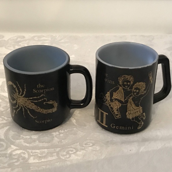 Pair of Vintage Glasbake & Fire King Zodiac “Scorpio & Gemini” Mugs