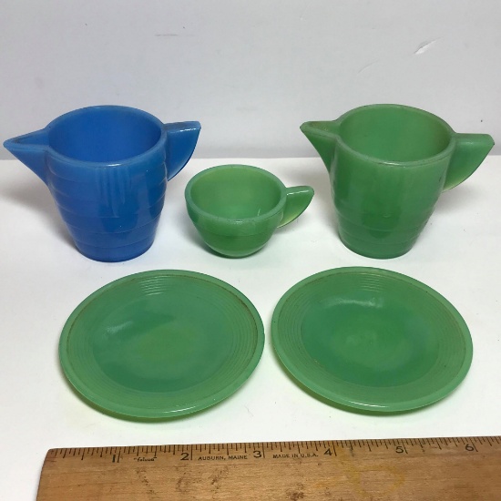 Lot of Vintage Slag Glass Children’s Pitchers, Tea Cups & Plates