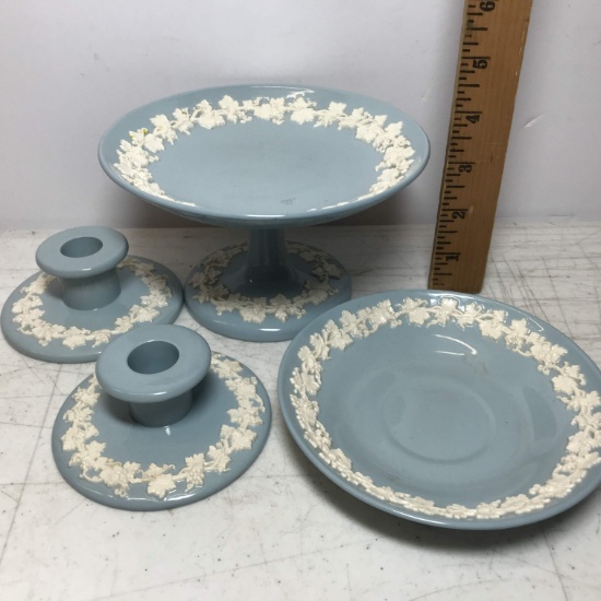 Lot of Glazed Wedgwood Candlesticks, Compote & Saucer Signed on Bottom