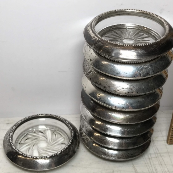 9 pc Sterling Silver & Glass Coasters 8 Frank M Whiting & Co. & 1 Amston