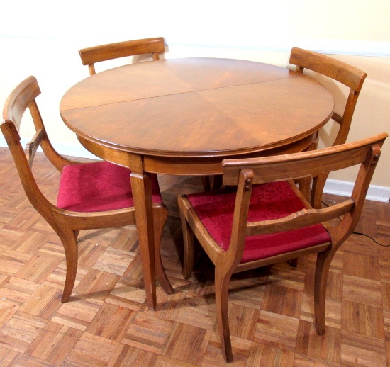 Vintage Round Maple Dining Table & 4 Chairs with Red Upholstered Seats