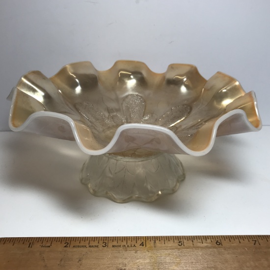 Early Iridescent Cased Glass Pedestal Bowl with Ruffled Edge