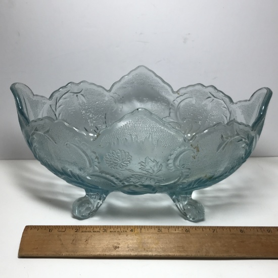 Pretty Blue Footed Embossed Oblong Glass Bowl
