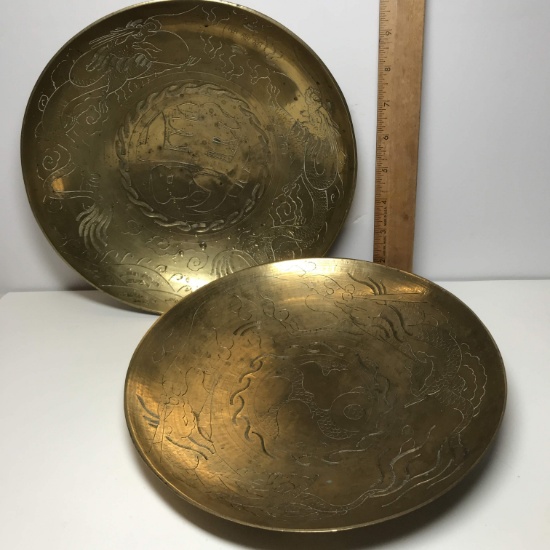 Pair of Heavy Brass Etched Bowls