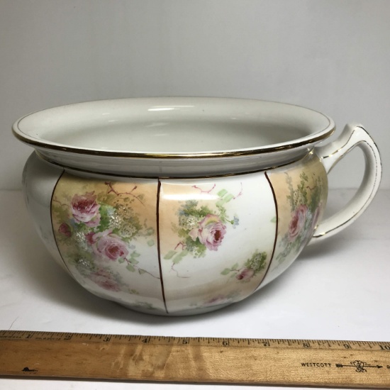 Early Staffordshire England Chamber Pot with Single Handle, Floral Design with Gilt Accent