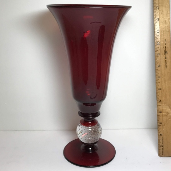 Pretty Ruby Red Glass Tall Vase with Clear Bubbled Ball at Base