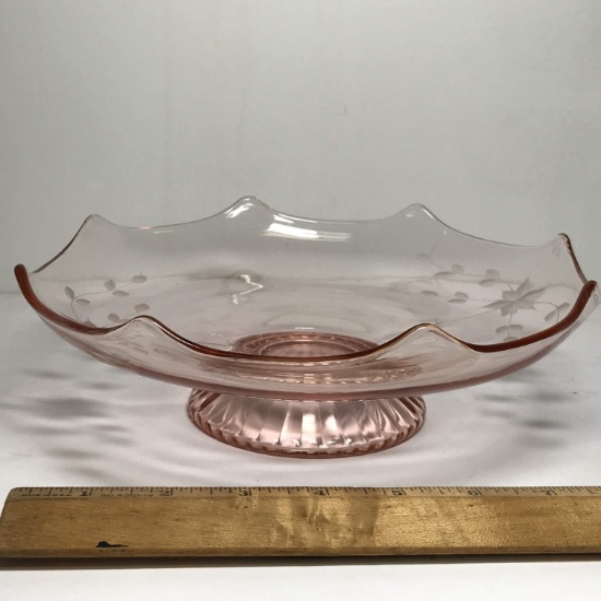 Pink Depression Footed & Etched Bowl with Ruffled Edge